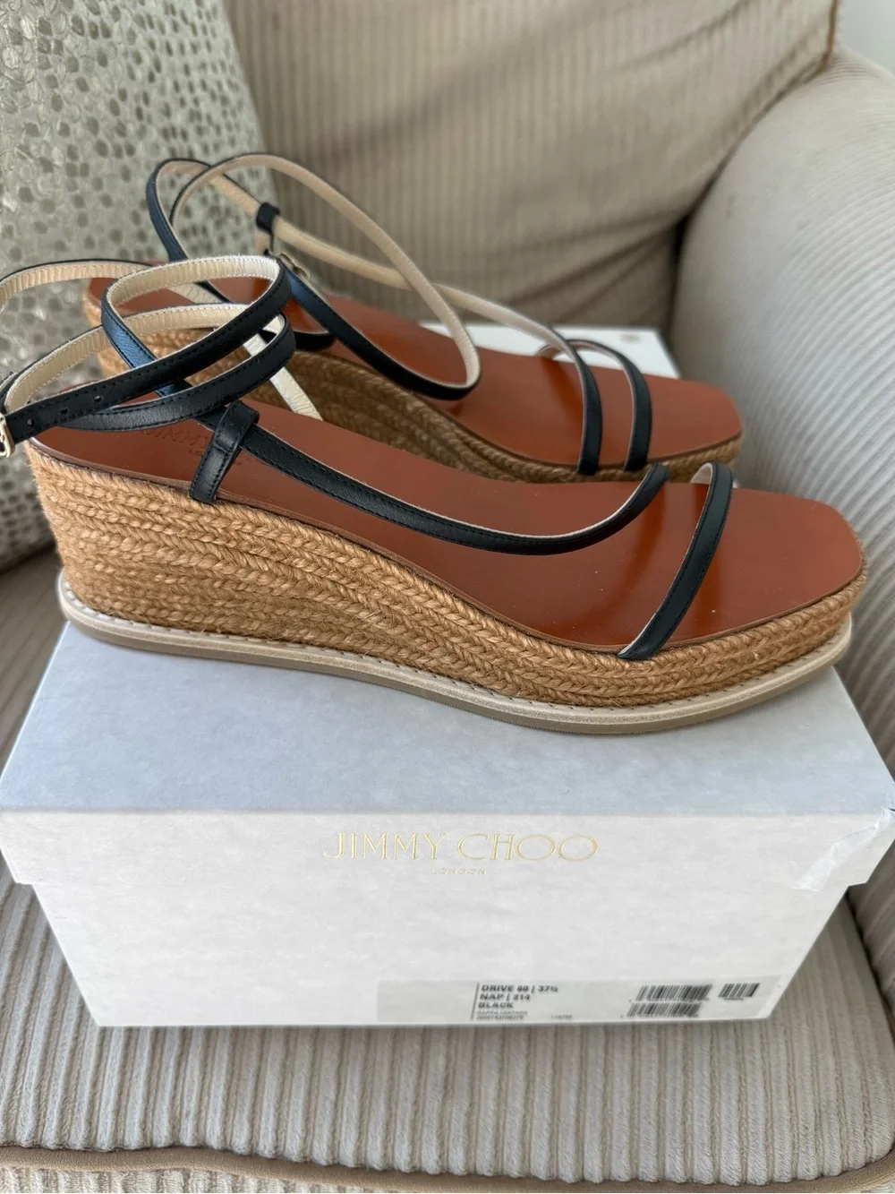 Jimmy Choo Drive 60 Leather Strappy Espadrille Wedge Sandal Black 37.5 7.5 New